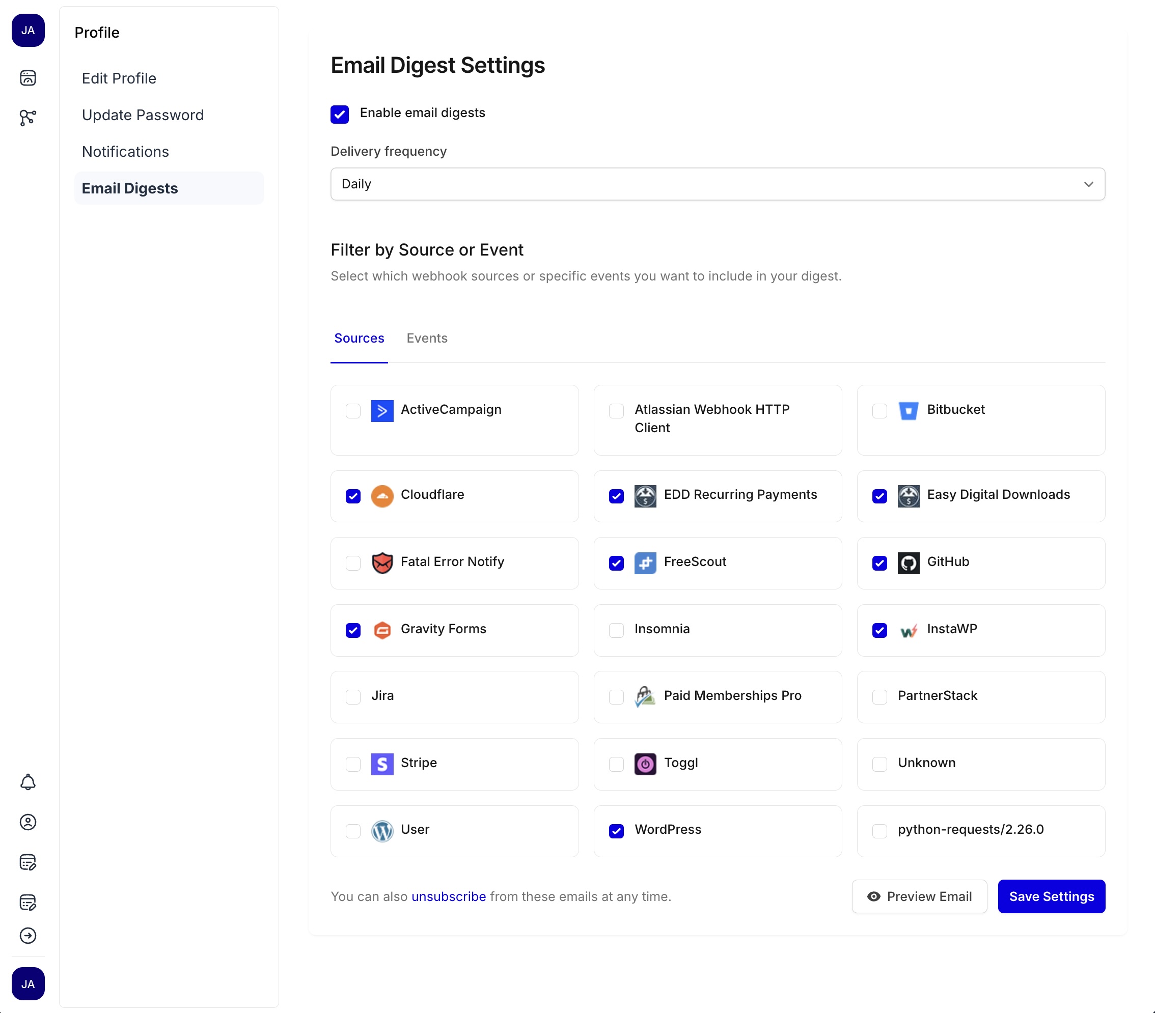 Email digest settings