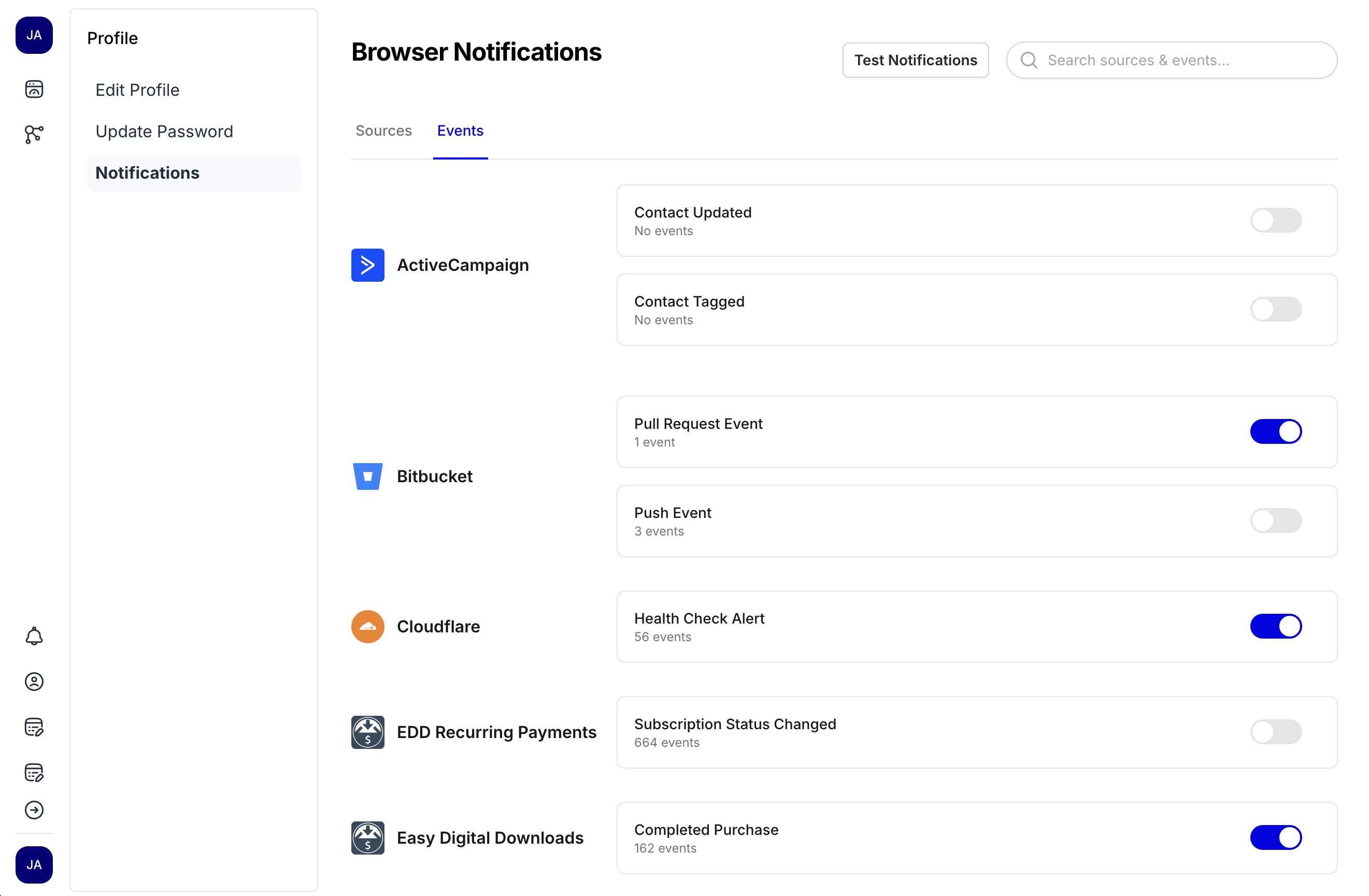 Notifications by event